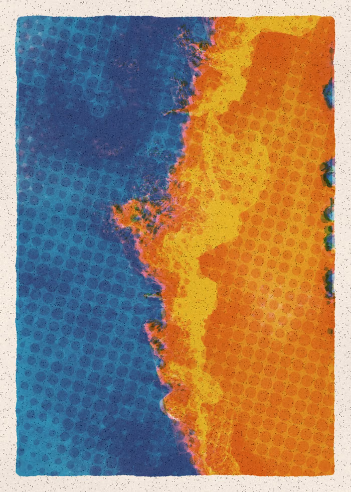 An art print: a wave breaking on a beach seen from above, printed in blue and orange dots