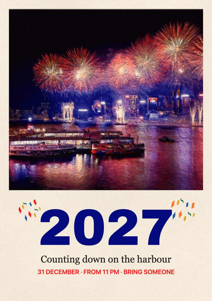 항구 위로 터지는 불꽃놀이를 밤 풍경으로 찍고, 그 아래 큰 남색 글씨의 "2027"과 색종이 조각, 카운트다운 시간과 장소를 넣은 A3 포스터
