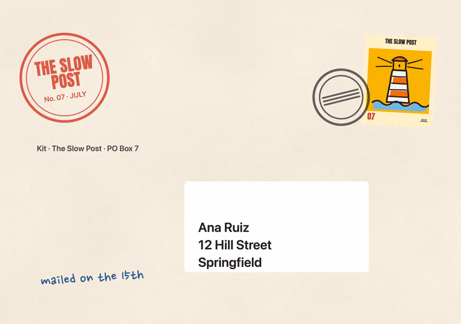 The front of a cream envelope: a round red rubber stamp saying "THE SLOW POST, No. 07, JULY", a perforated stamp with a drawn lighthouse under a postmark, and a white address label