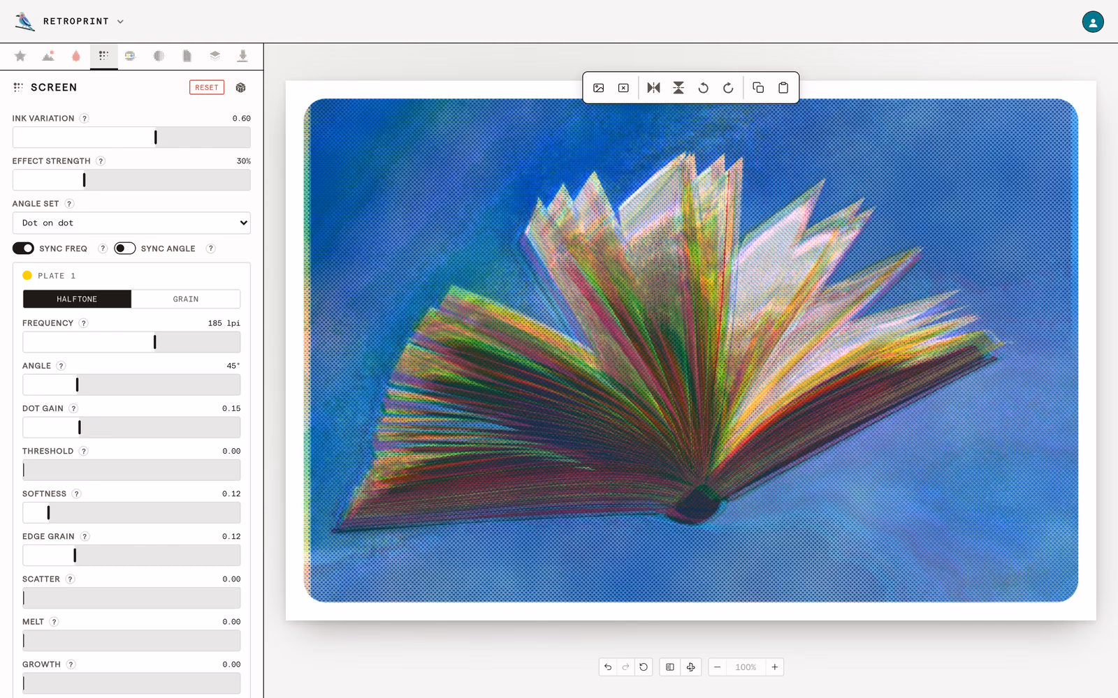 RETROPRINT 工作室:“网点”面板,网线数和网角滑块旁边,是一张网点印出的翻开的书,书页像扇子一样散开