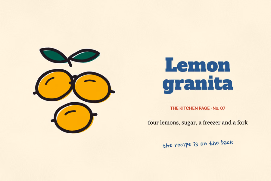A recipe card: three drawn lemons with two leaves, and "Lemon granita" in blue letters