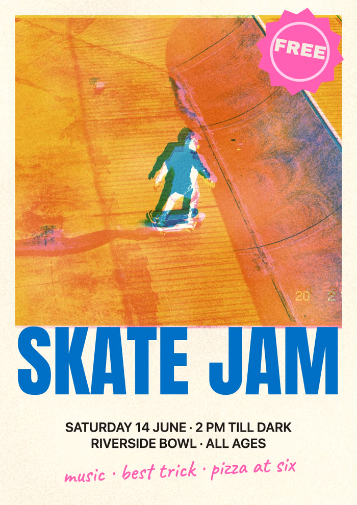 위에서 내려다본 스케이터를 주황과 분홍으로 찍고, 큰 파란 글씨의 "SKATE JAM"과 그 아래 날짜·장소, 분홍색 "FREE" 배지를 넣은 A3 포스터