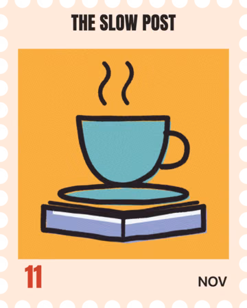 The Slow Post's stamp for November: a cup of tea on a book