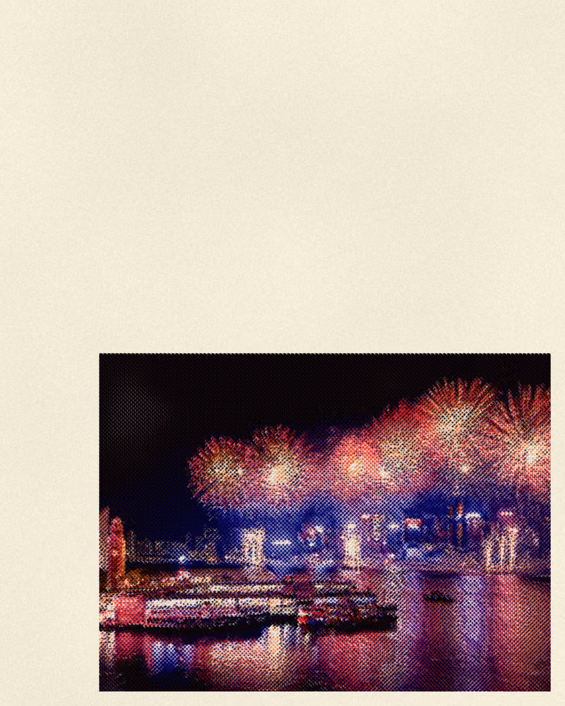 Fireworks over a harbour at night, a small print on a large warm sheet