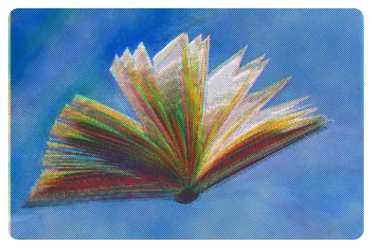 An open book fanning its pages against blue, in five primary inks