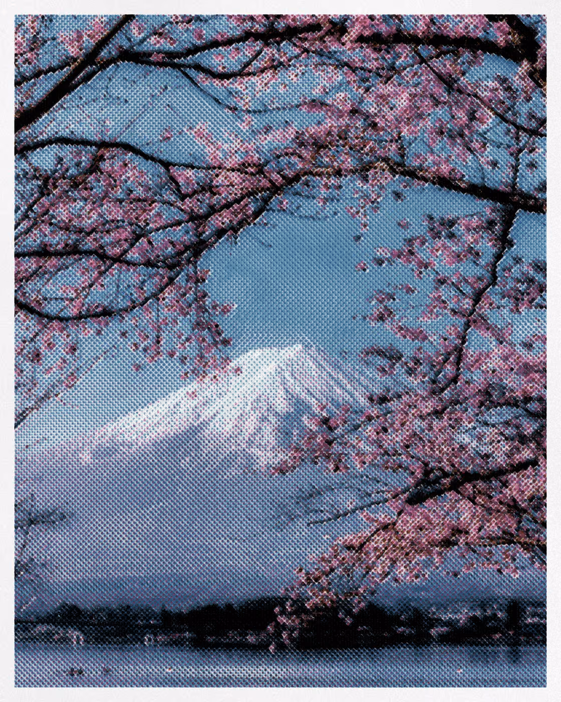 Mount Fuji framed by cherry blossom, six inks