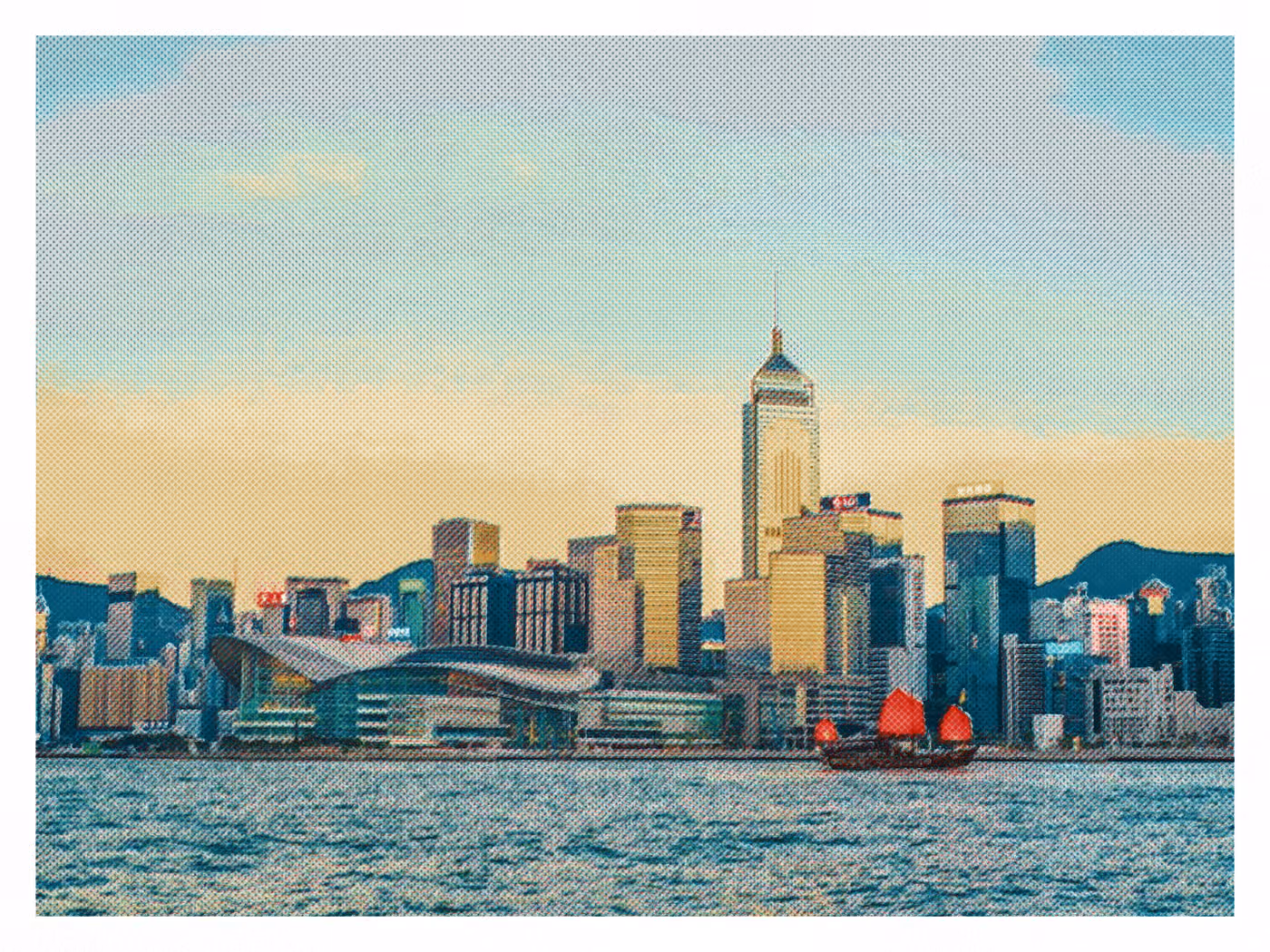 Victoria Harbour with a red-sailed junk, in five inks