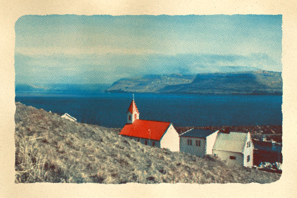 A red-roofed church above a fjord, three inks with torn paper edges
