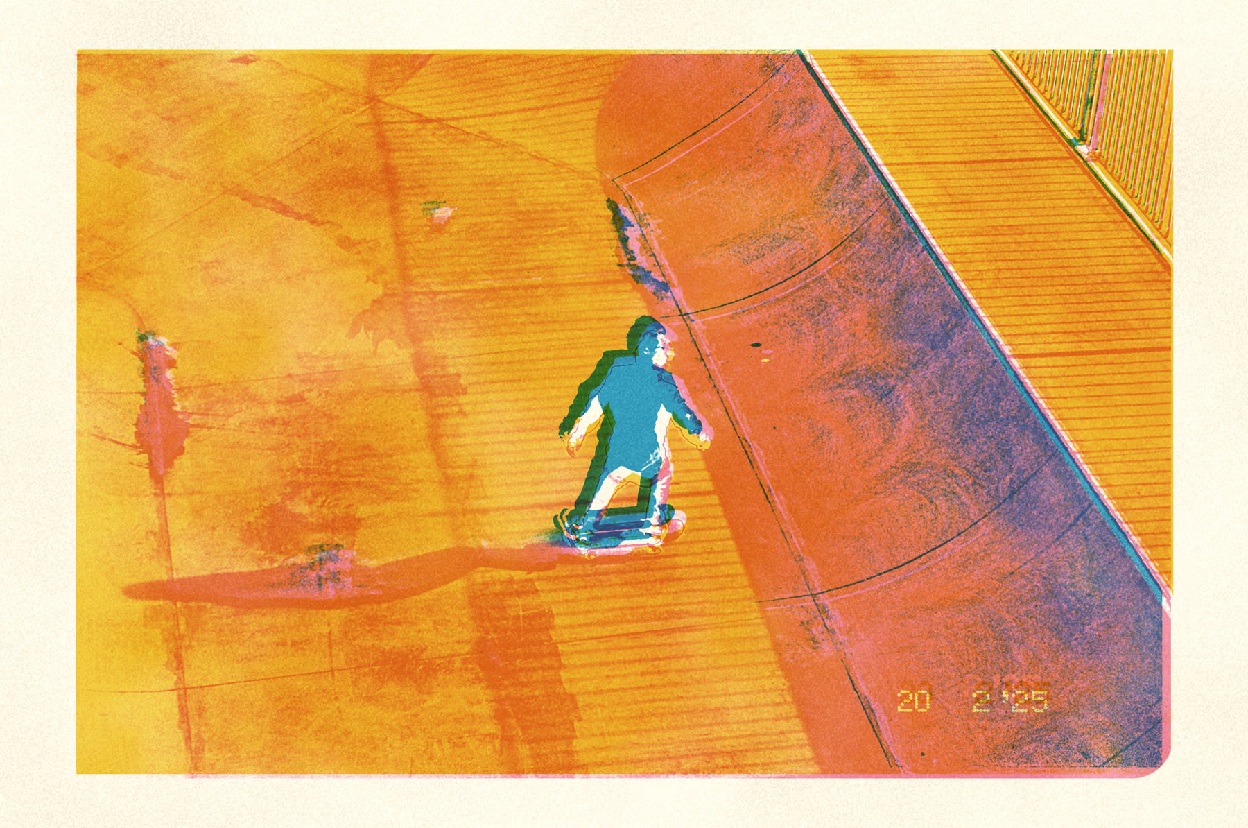A skateboarder on a ramp, printed in yellow, pink and cyan halftones so coarse the dots read as texture
