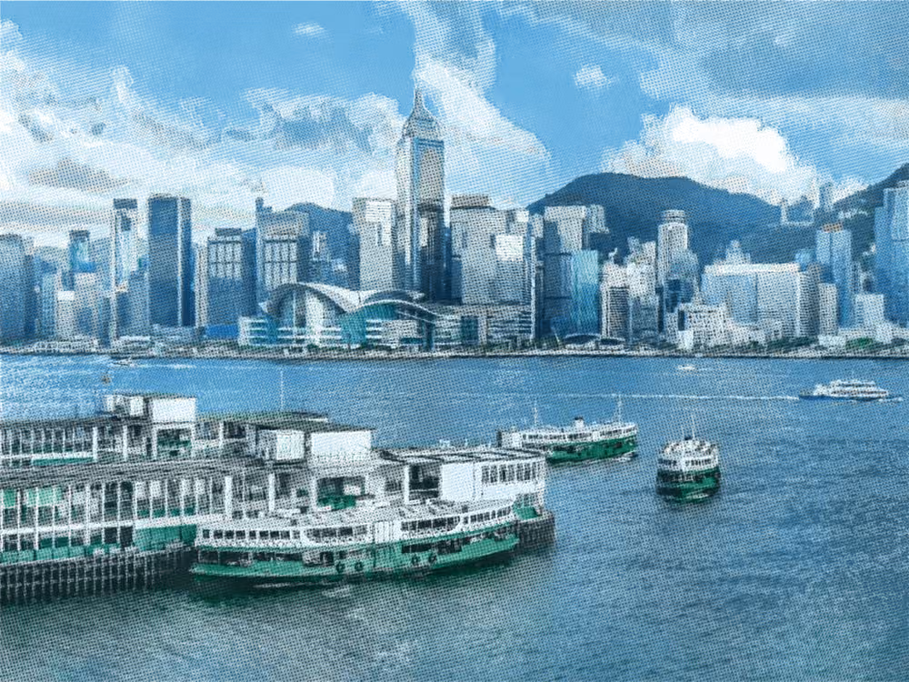 Green and white ferries at a pier in front of a skyline, in four blue-green inks
