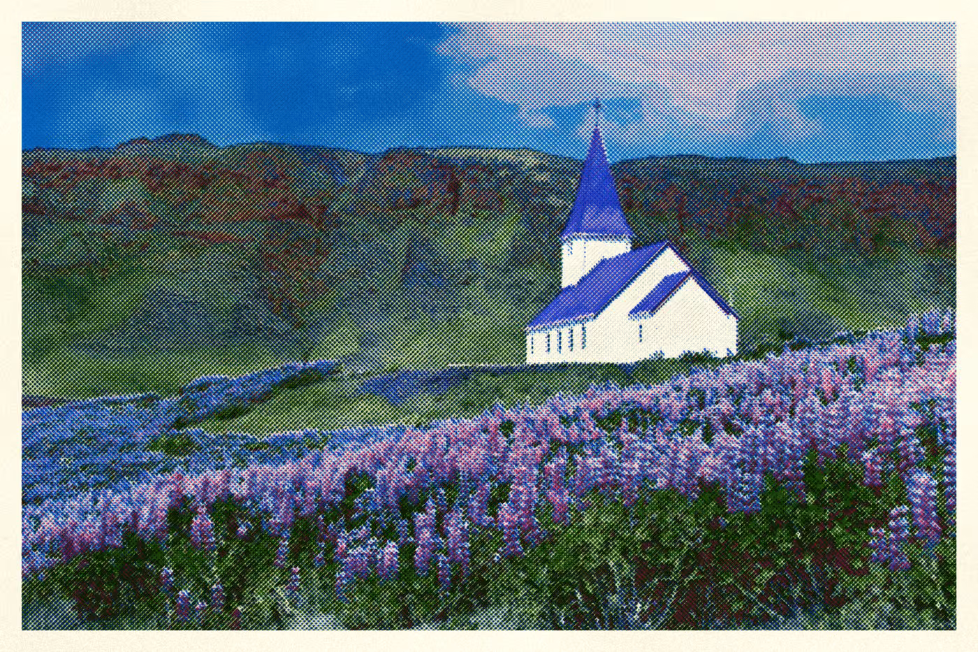 Víkurkirkja: the print, 5 inks on warm stock